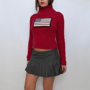 By Next Era Red Turtleneck Sweater w/ Sparkly American Flag Patch